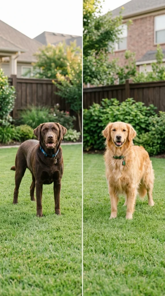 Labrador Retriever and Golden Retriever standing in backyard settings side by side
