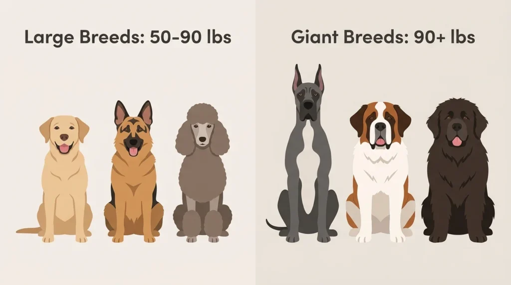 Infographic comparing large dog breeds (50 to 90 pounds) and giant dog breeds (over 90 pounds) with example breeds
