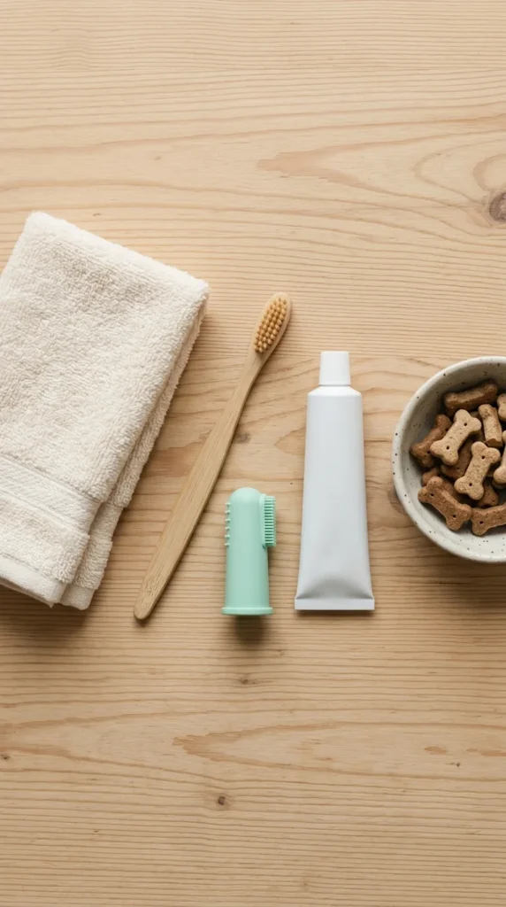 Dog toothbrush, finger brush, pet toothpaste and treats laid out on a table for brushing a dog's teeth