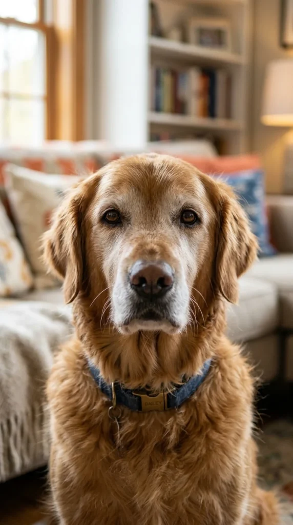 Close-up of a senior golden retriever with a gray muzzle and gentle eyes