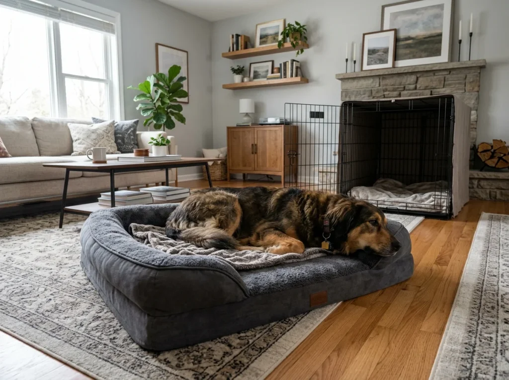 Large dog resting on an oversized bed at home, showing indoor space needs of large dog breeds