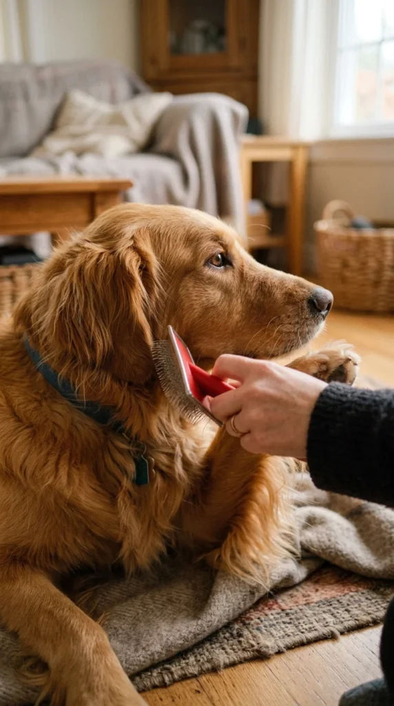 Person brushing Golden Retriever's feathered coat with a slicker brush