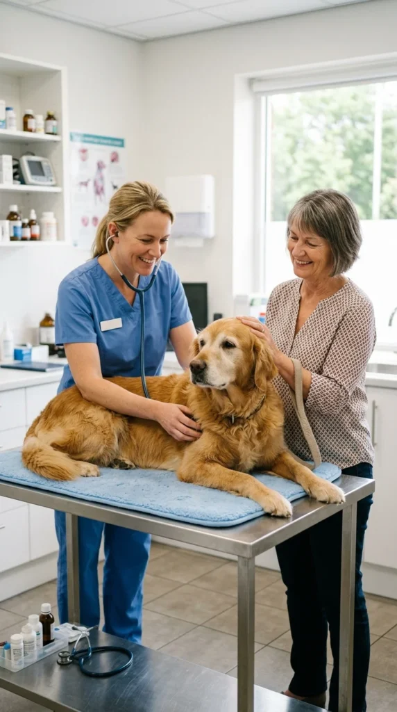 Veterinarian gently examining a senior golden retriever during a checkup while the owner watches
