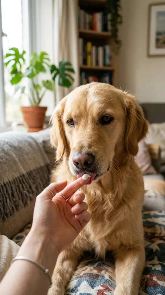 Golden retriever tasting dog toothpaste from its owner's finger before tooth brushing