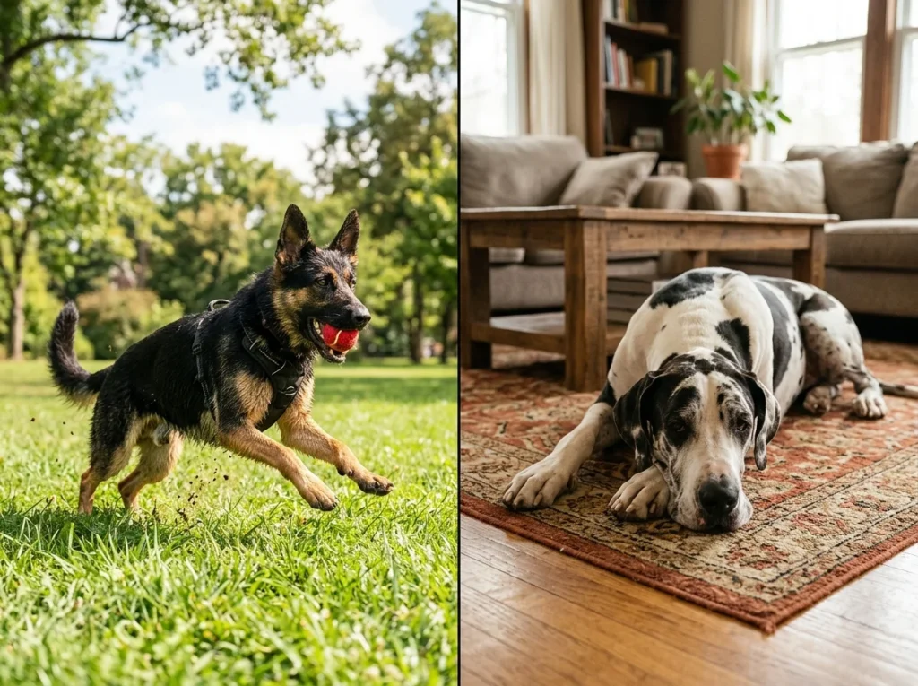Active German Shepherd playing outdoors next to a calm Great Dane resting indoors, showing energy differences in large dog breeds