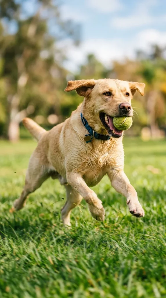 Labrador Retriever running and fetching a ball in a park