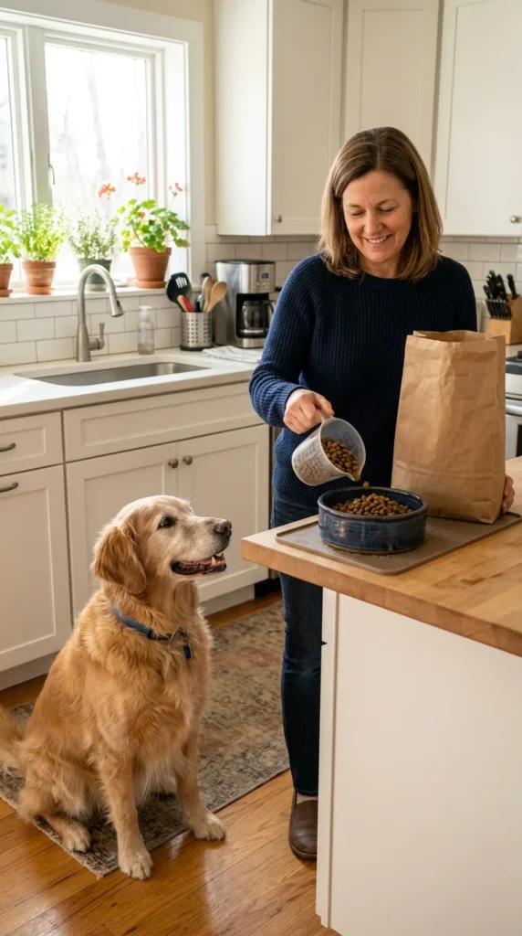 Owner measuring dog food into a bowl while a senior golden retriever waits nearby