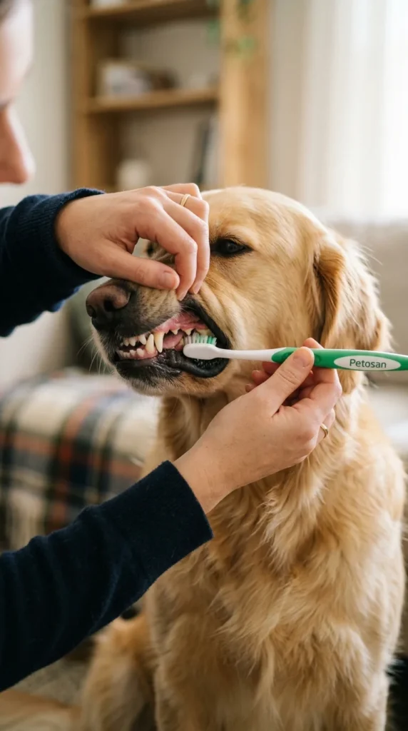 Person brushing the outer back teeth of a golden retriever in small circles with a soft dog toothbrush