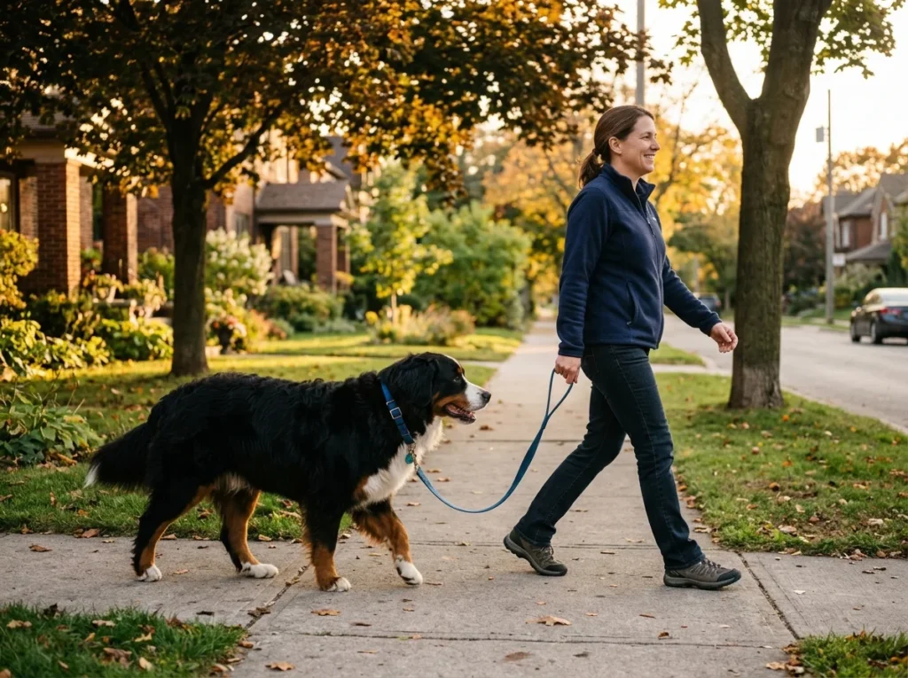 Adult walking a large dog calmly on a loose leash, showing physical handling needs of large dog breeds