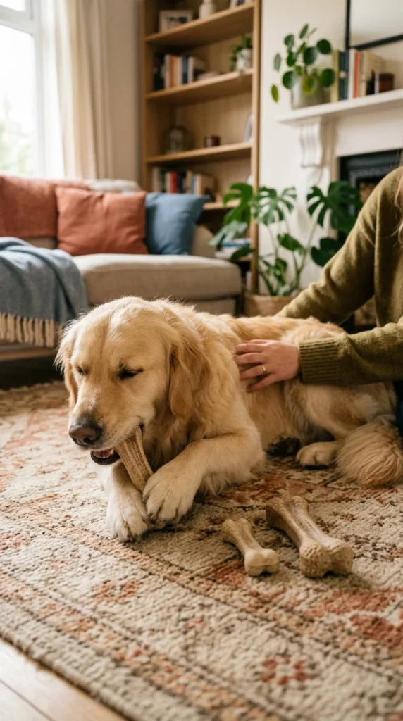 Golden retriever chewing a dental chew with other chew sizes nearby on the floor