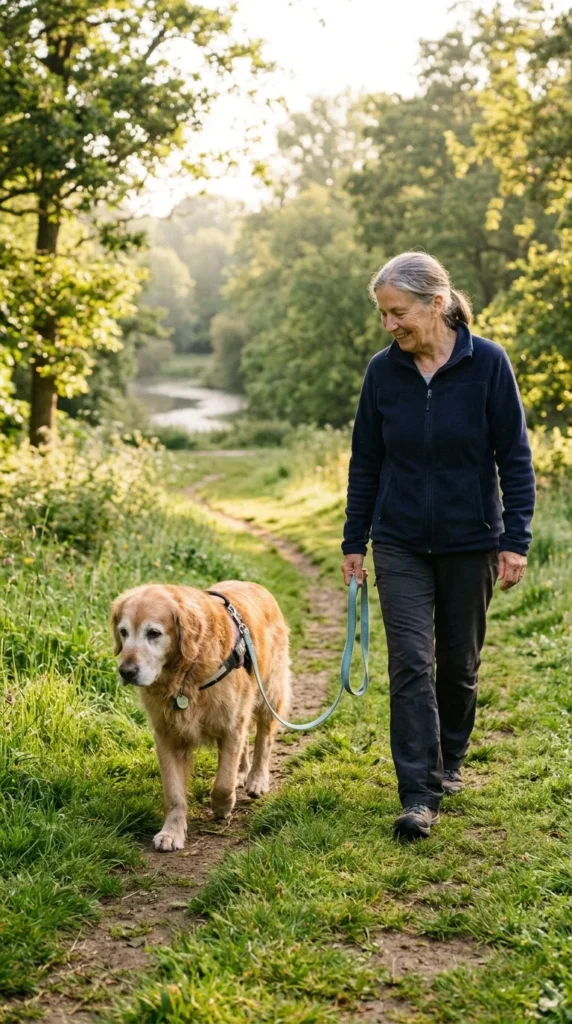Senior golden retriever taking a slow walk on grass beside its owner