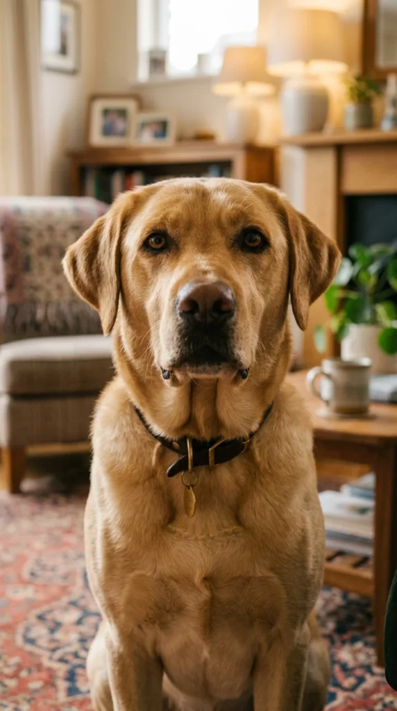 Labrador Retriever sitting attentively indoors