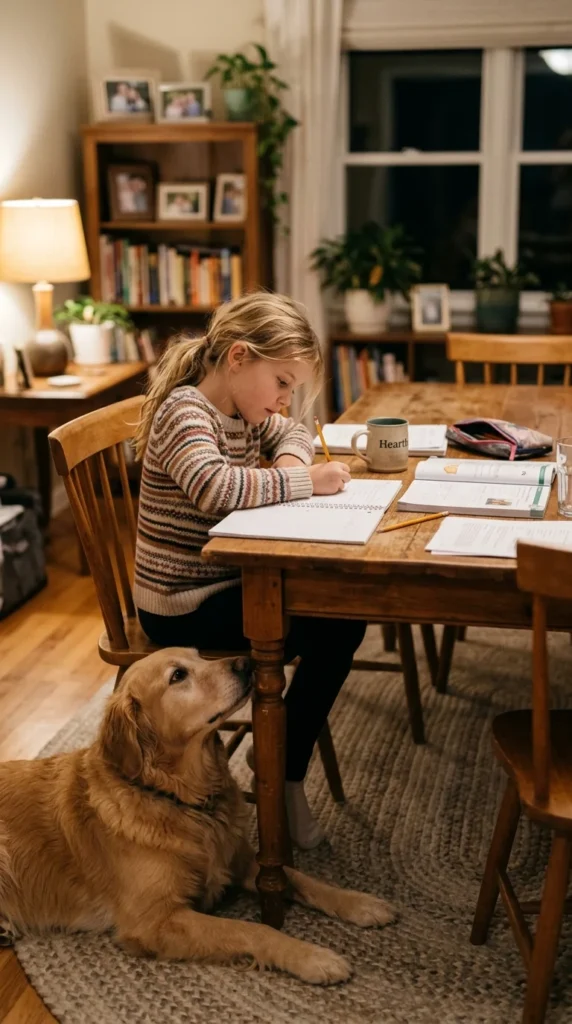 Golden Retriever lying beside a child reading at home