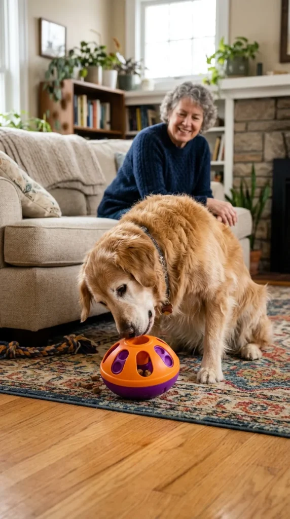 Senior golden retriever playing with a treat puzzle toy on the living room floor