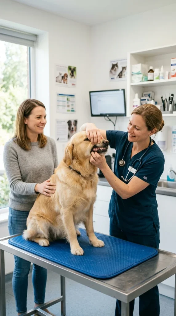 Veterinarian checking a golden retriever's teeth during a dental exam while the owner watches