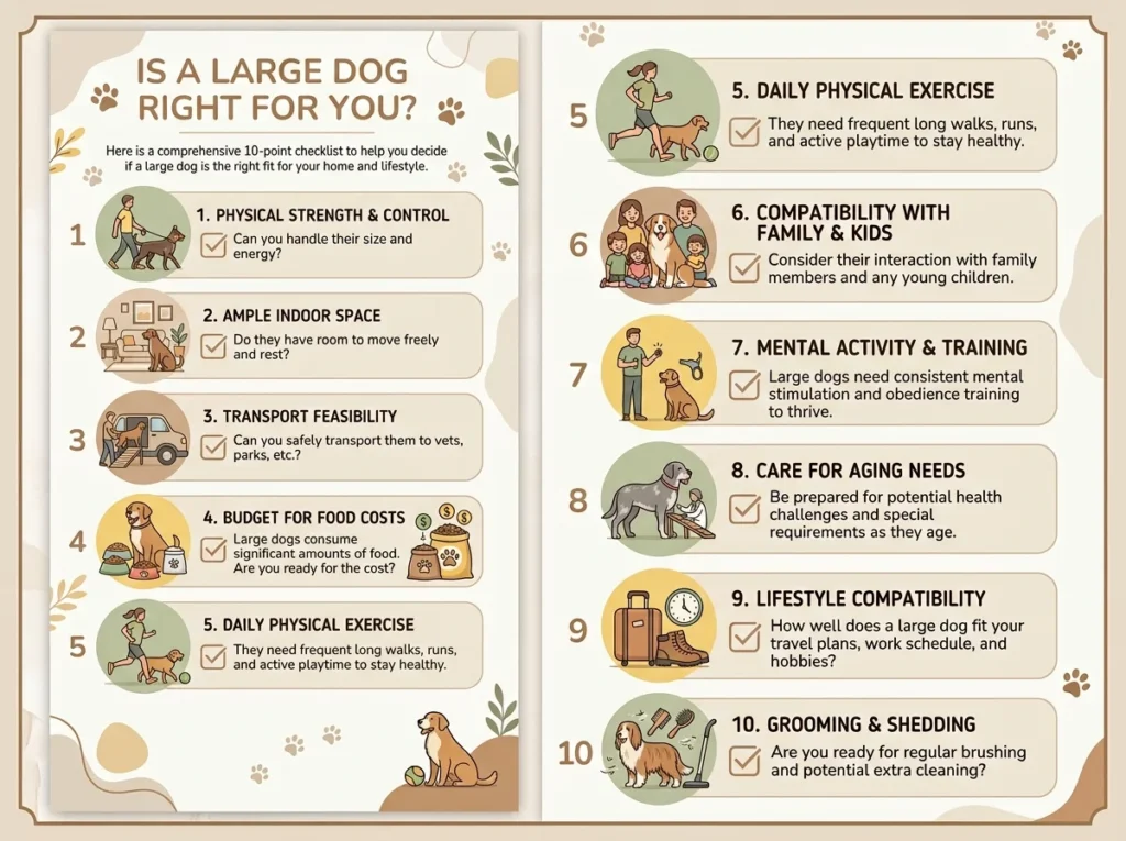 Checklist infographic to help decide if a large dog breed fits your home, budget, and lifestyle