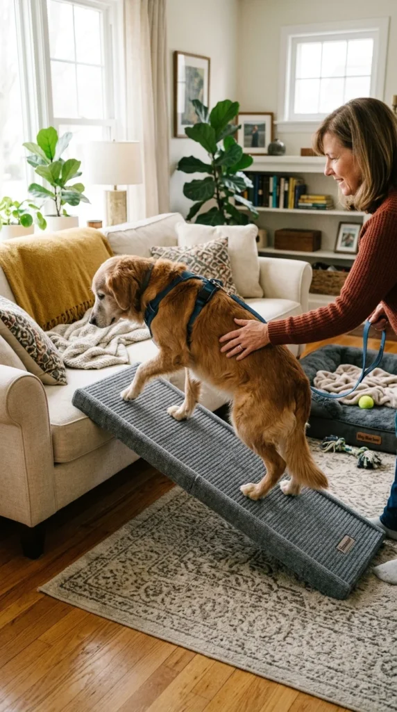 enior golden retriever using a pet ramp with non-slip rugs and a supportive bed nearby
