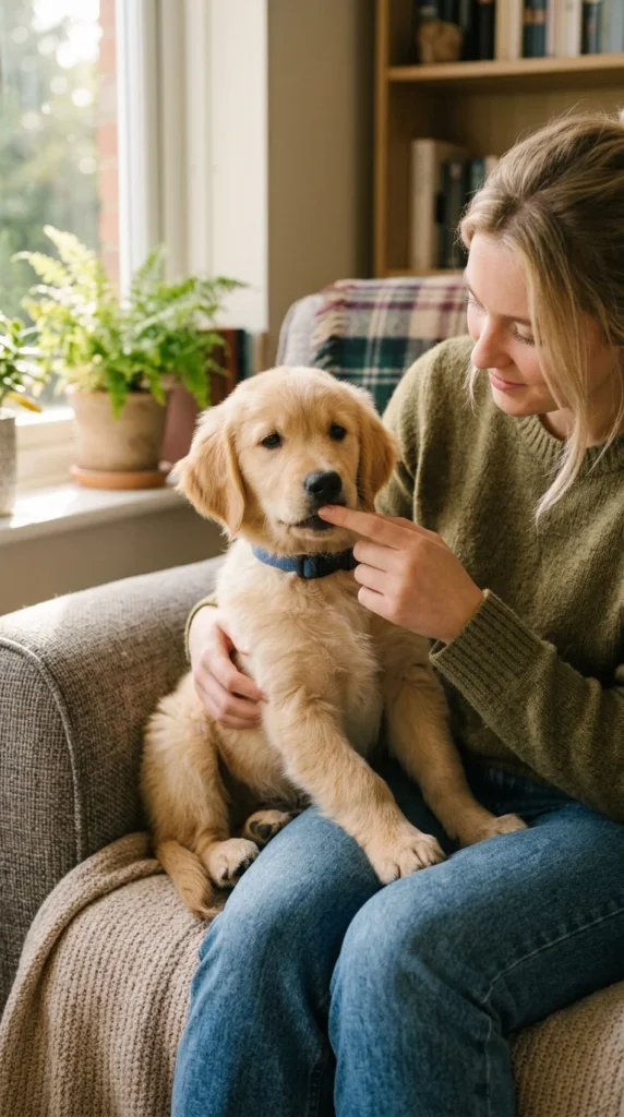 Owner gently touching a golden retriever puppy's lips to get it used to tooth brushing