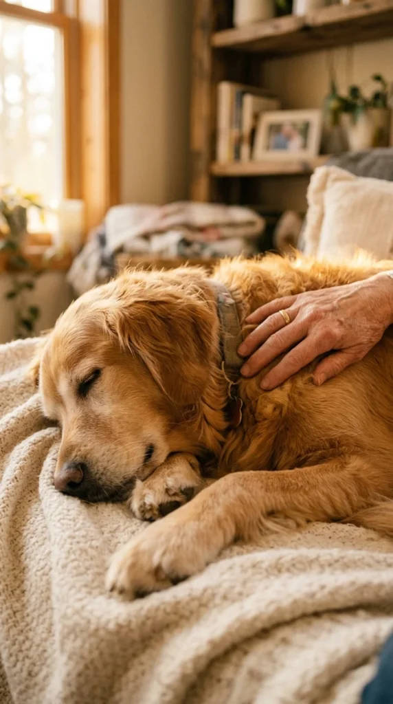 Owner's hand resting gently on a sleeping senior golden retriever