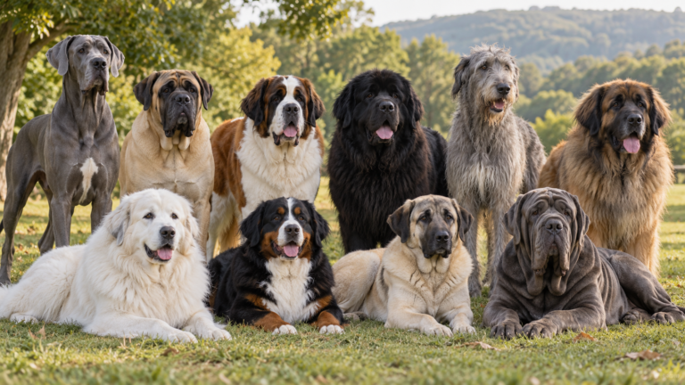Several large dog breeds including a Great Dane and Newfoundland standing together outdoors