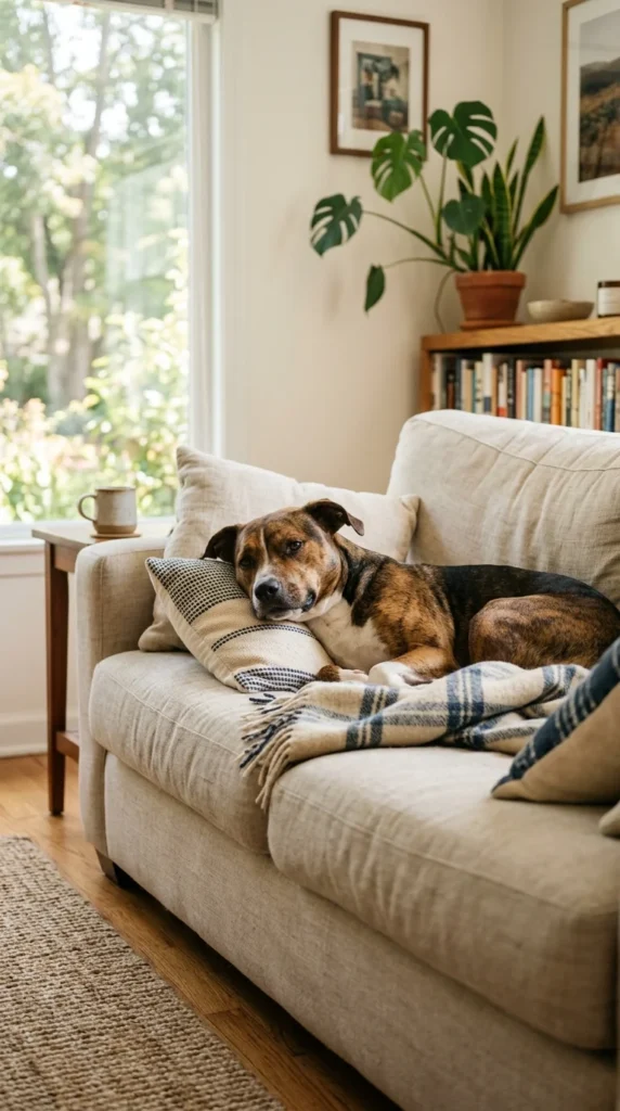 Clean, healthy mixed-breed dog resting on a couch in a bright living room.