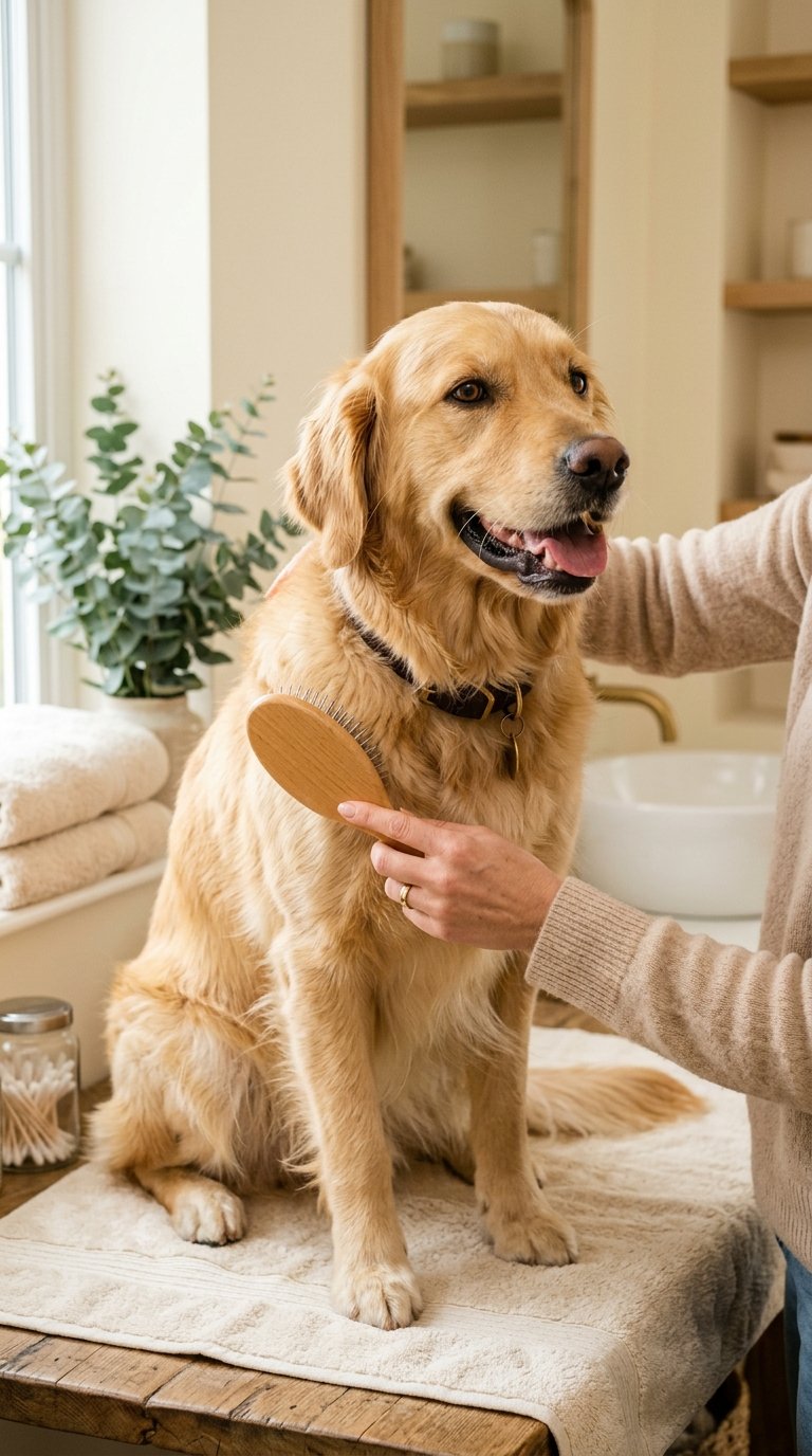 Golden Retriever being groomed at home