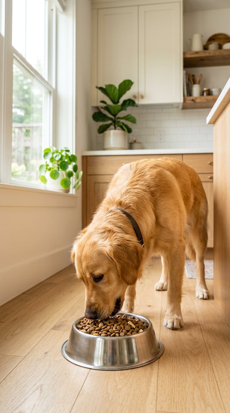 Golden Retriever eating food from a bowl