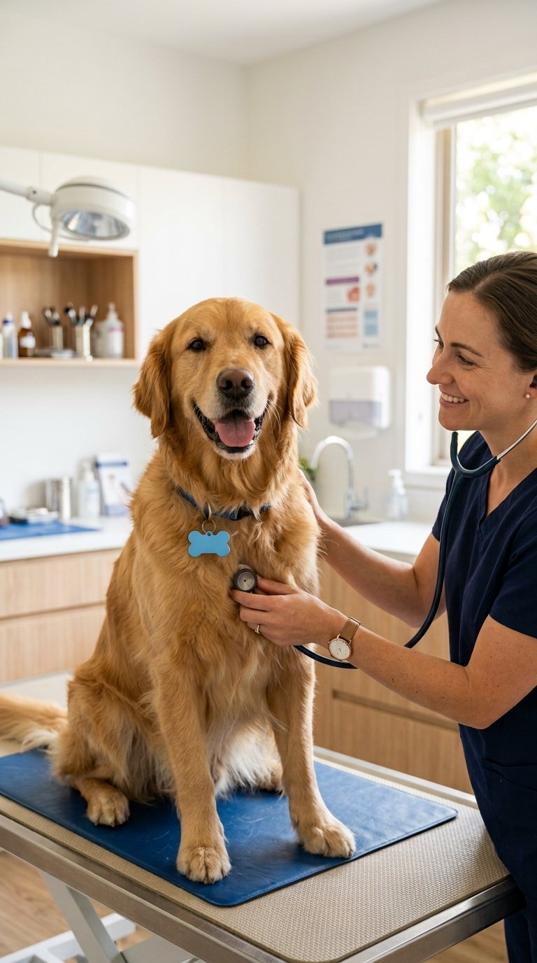Golden Retriever receiving a routine veterinary checkup