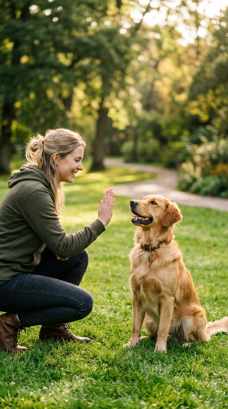 Owner training a Golden Retriever in a park