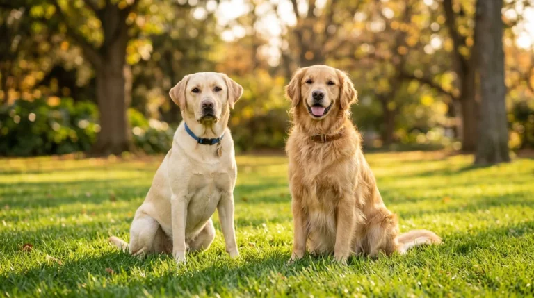 Labrador Retriever and Golden Retriever standing together outdoors