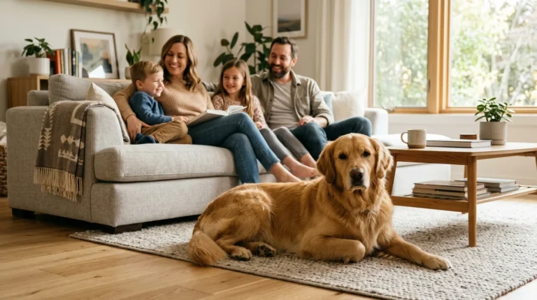 Calm large dog relaxing in a bright living room with a family, showing what owning large dog breeds looks like