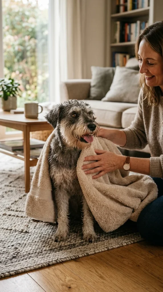 Miniature Schnauzer being dried with a towel on a living room floor after a bath.