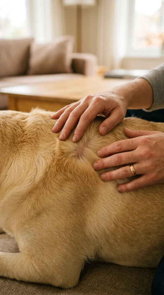 Owner brushing a Siberian Huskys thick double coat in a backyard.