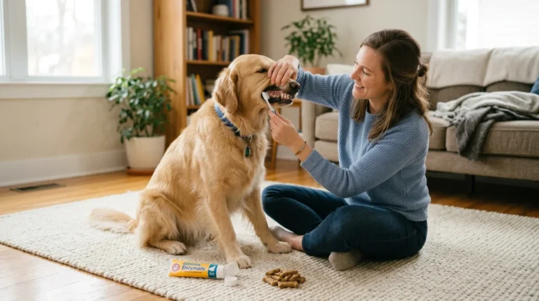 Owner gently brushing a calm golden retriever's teeth with a dog toothbrush and pet toothpaste