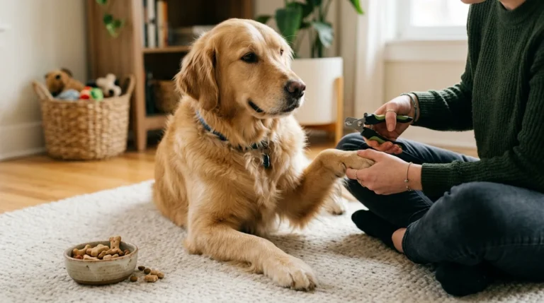 Owner gently holding a golden retrievers paw before trimming its dog nails