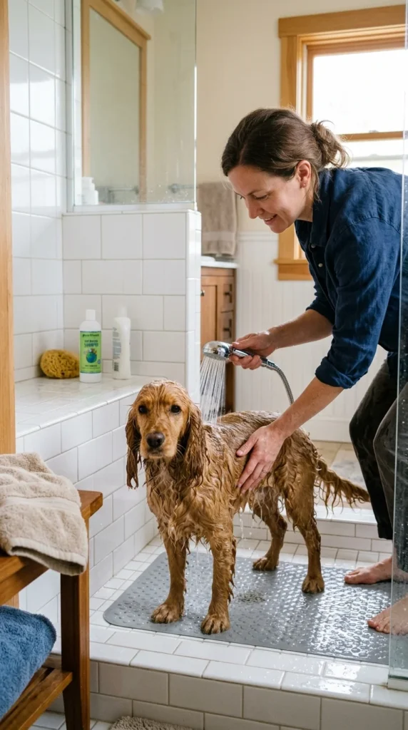 Owner rinsing shampoo from a Cocker Spaniel standing on a non-slip mat in a shower.