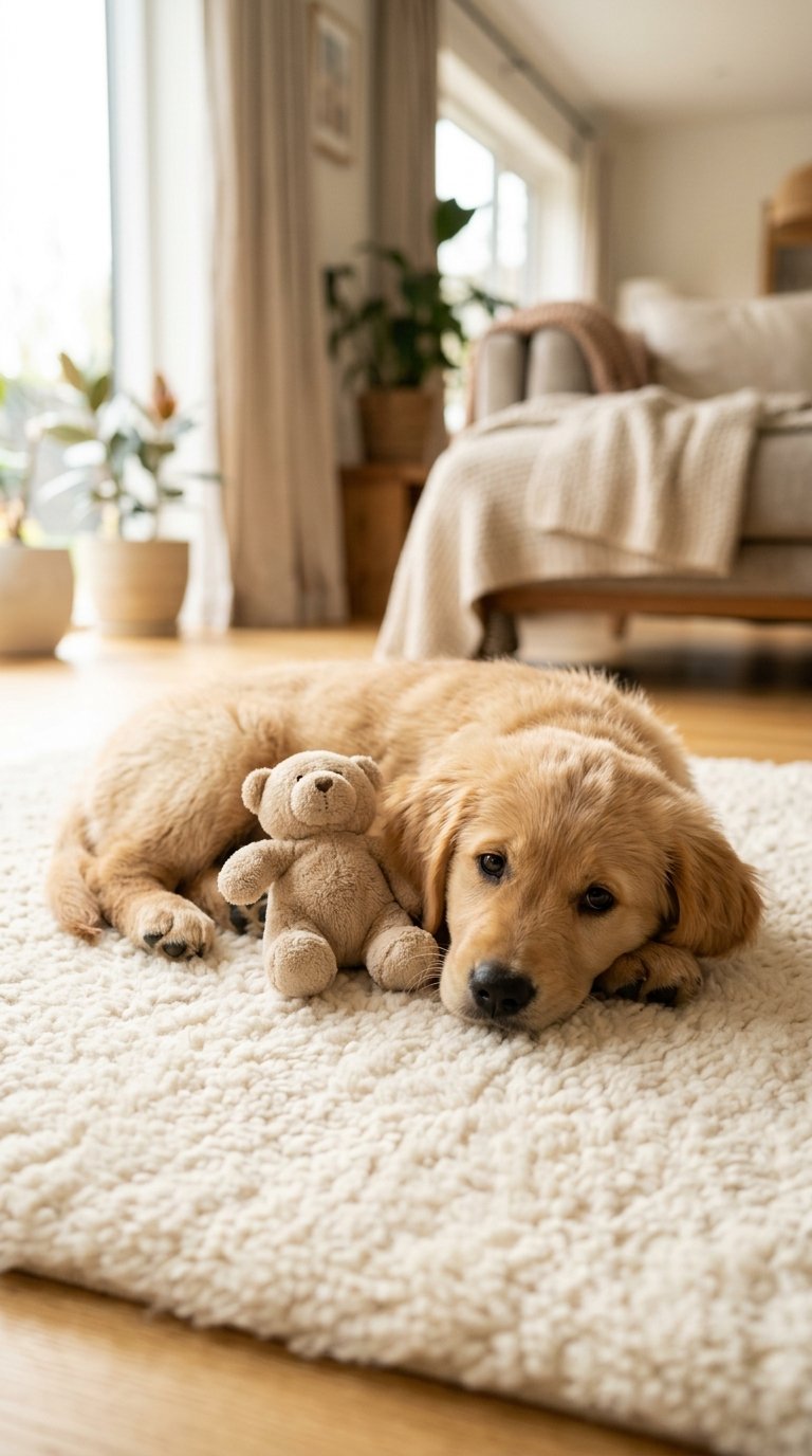 Golden Retriever puppy resting in a bright home
