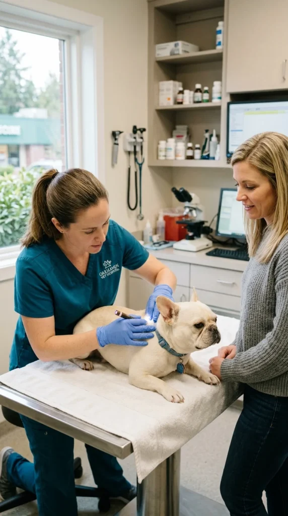 Veterinarian examining a French Bulldogs skin while talking with its owner.