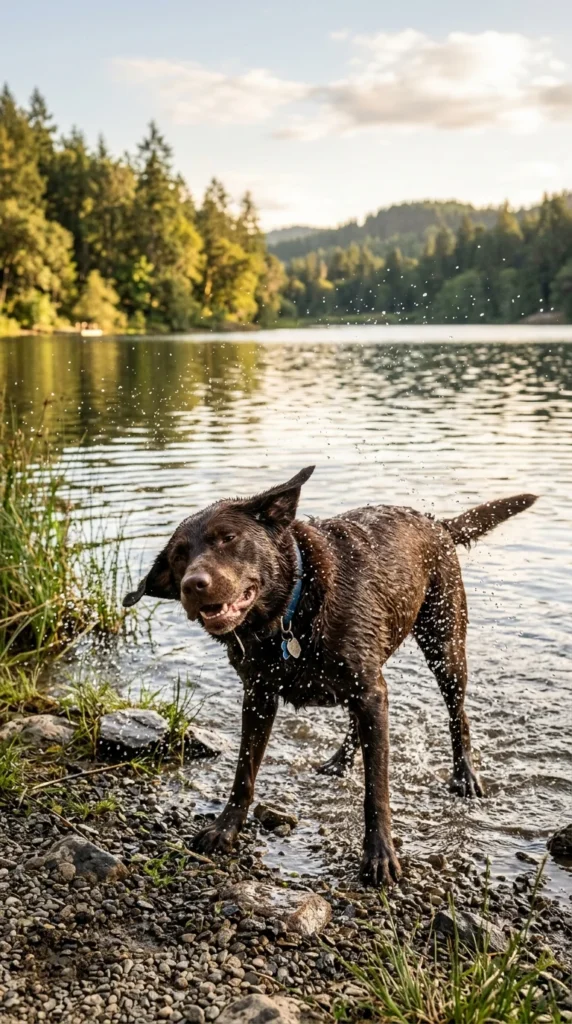 Wet Labrador Retriever shaking off water after swimming in a lake.