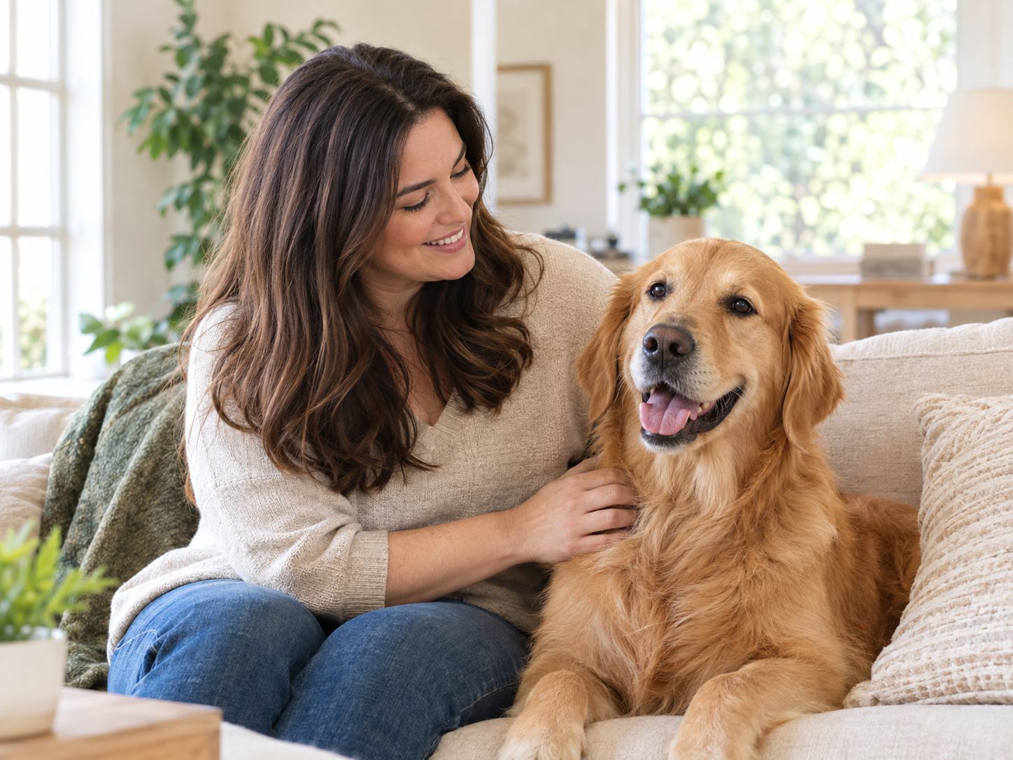 Dog owner spending time with a Golden Retriever at home