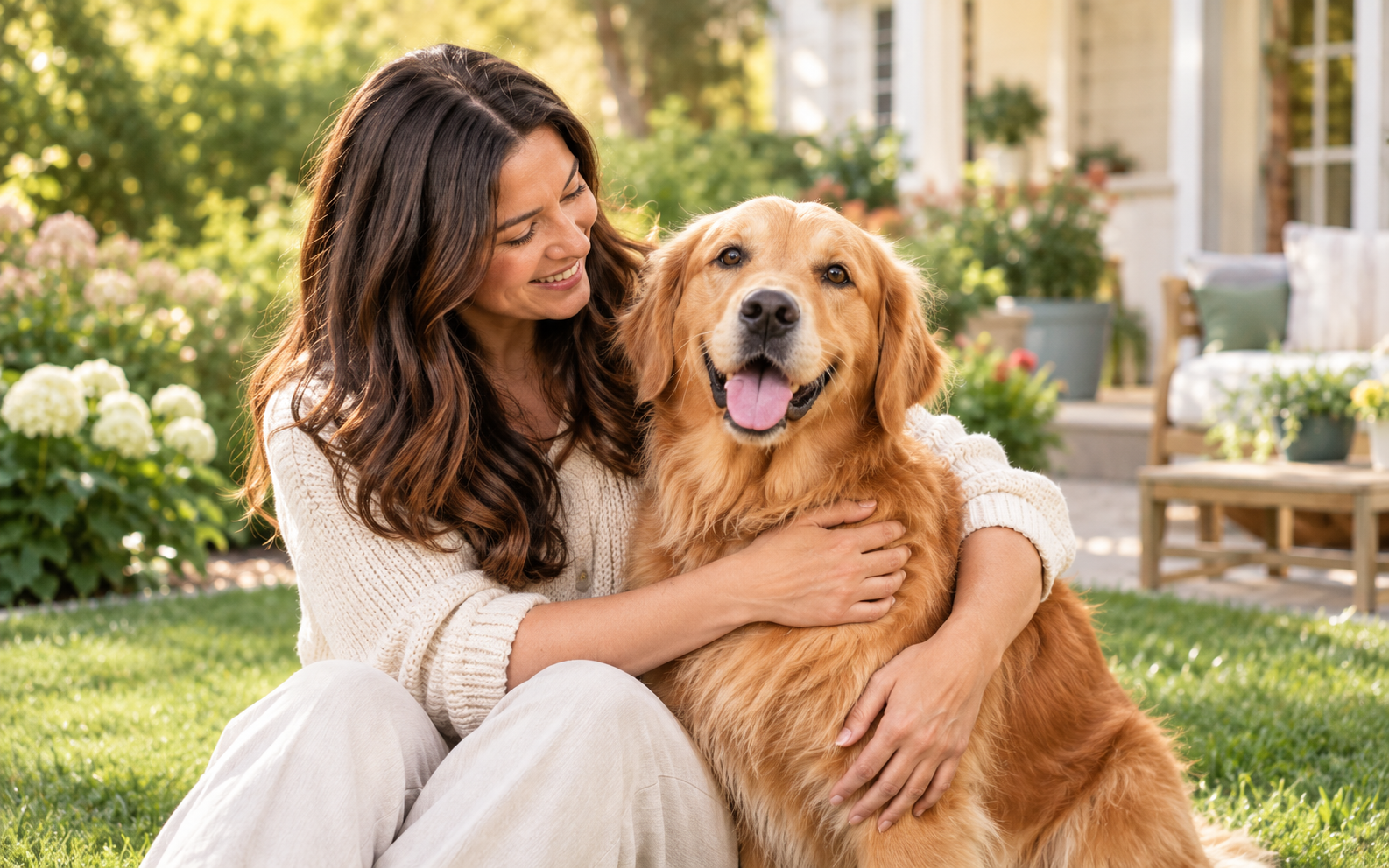 Woman spending a happy moment outdoors with a Golden Retriever