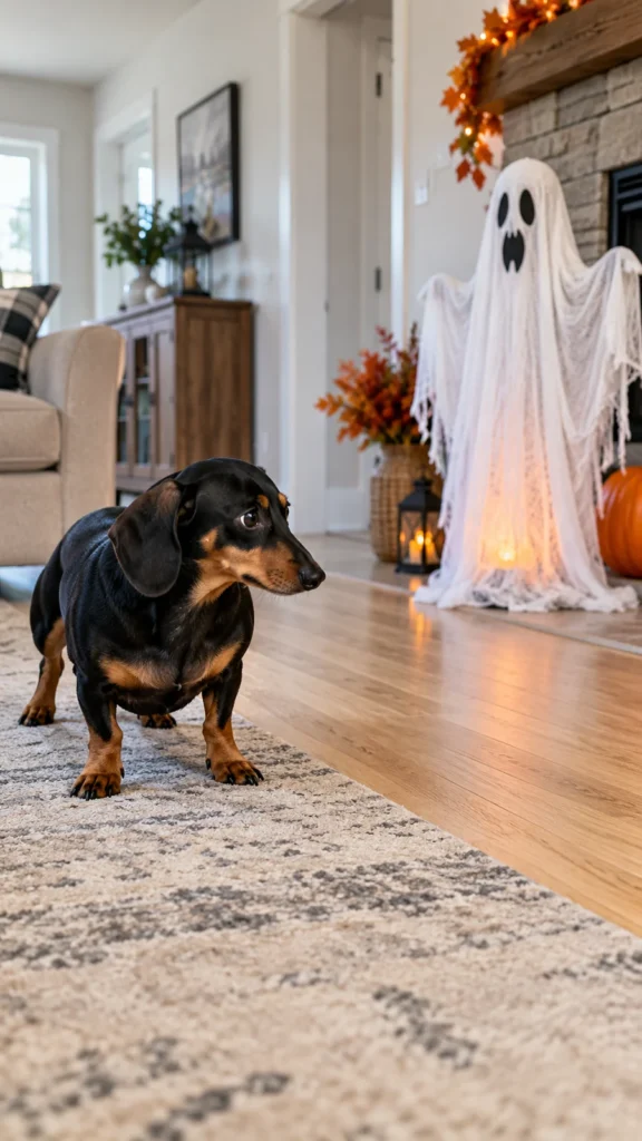  Black-and-tan dachshund watching a Halloween ghost decoration from across a living room.