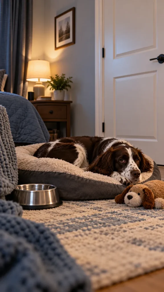 Brown-and-white Springer Spaniel resting on a comfortable dog bed inside a quiet room away from Halloween visitors