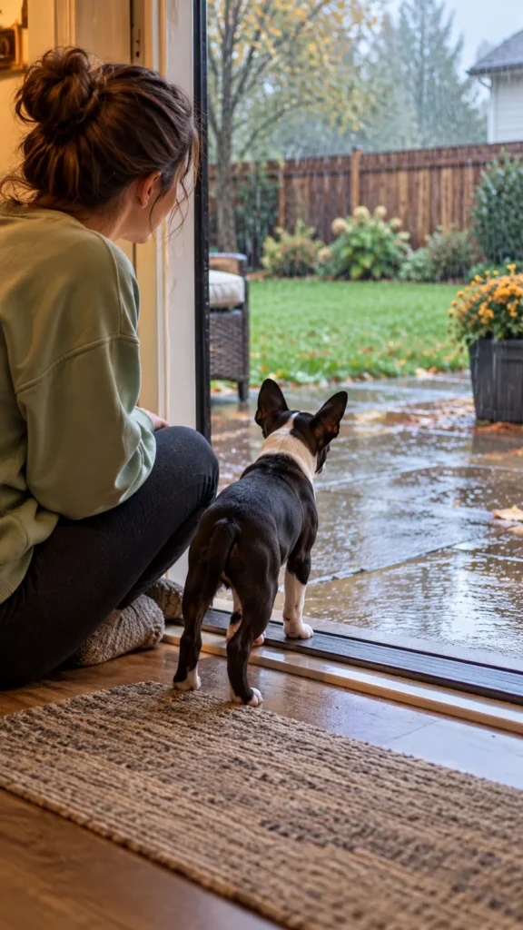 Small black-and-white puppy cautiously watches rain from a doorway beside its owner