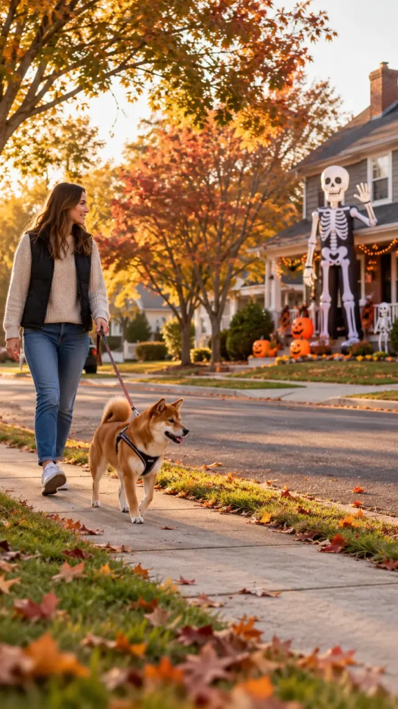Shiba Inu on a leash walking with its owner across the street from a large Halloween skeleton decoration. 