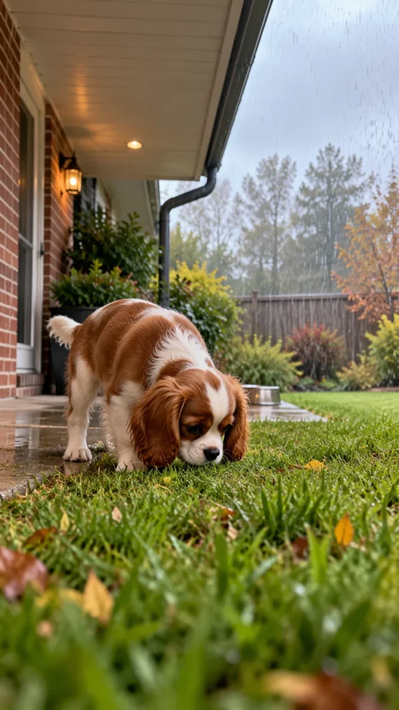 Chestnut-and-white puppy sniffs damp grass beneath a covered backyard porch