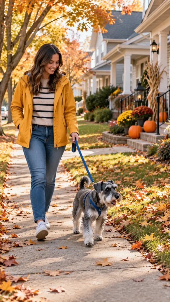 Owner walking a leashed schnauzer on a peaceful autumn sidewalk before Halloween evening