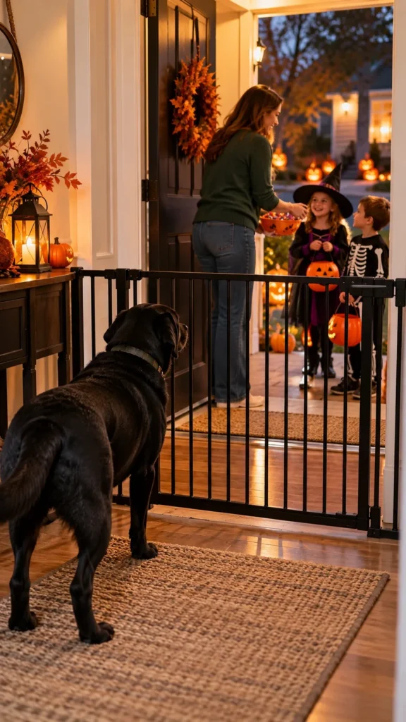 Black Labrador safely separated by a closed pet gate as a woman gives candy to trick-or-treaters
