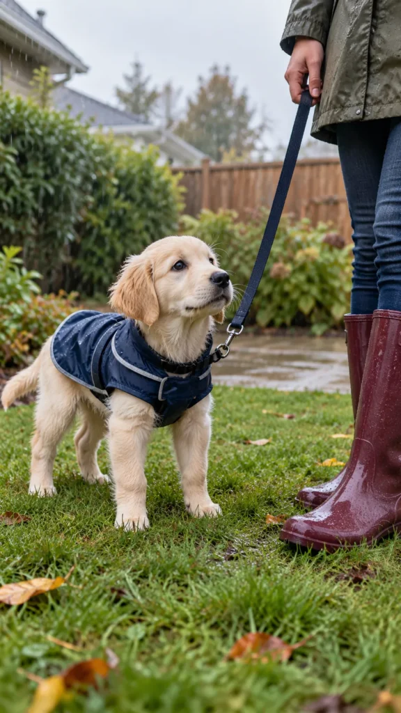 Cream puppy in a navy raincoat stands by its owner in rain boots on wet grass 