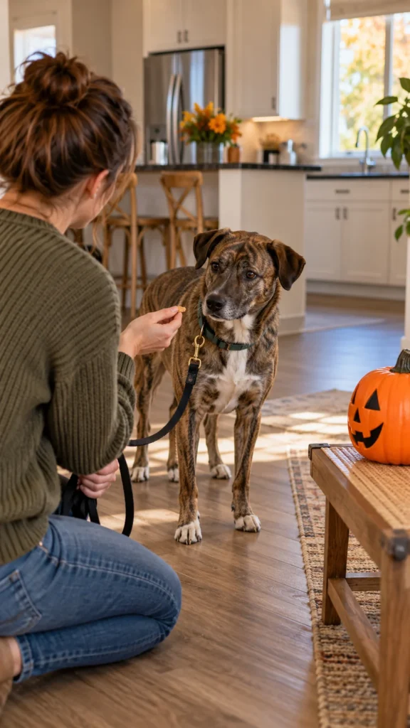 Owner offering a small reward to a brindle dog during a calm training session near a Halloween pumpkin. 